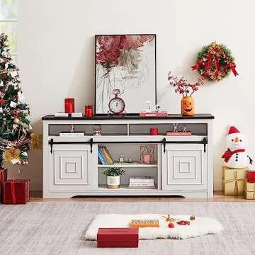 Okvnbjk White TV Stand for 75" TV, Entertainment Centre with Sliding Barn Door, Farmhouse Style TV Console with Extra Large Storage Space, Suitable for Living Room, Bedroom, Games Room, Off-White