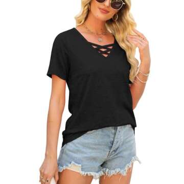 Womens Tops Short Sleeve V Neck Shirts Loose Casual Blouses Summer Tees Criss Cross