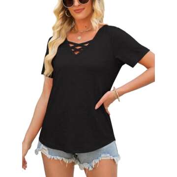 Womens Tops Short Sleeve V Neck Shirts Loose Casual Blouses Summer Tees Criss Cross