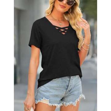 Womens Tops Short Sleeve V Neck Shirts Loose Casual Blouses Summer Tees Criss Cross
