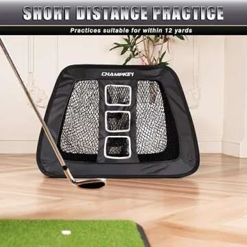 CHAMPKEY Double Sided Golf Chipping Net with Golf Hitting Mat | Come with 12 Foam Golf Balls | 5 Ply-Knotless Netting Chipping Net and Heavy Duty Rubber Backing Hitting Mat Ideal for Training