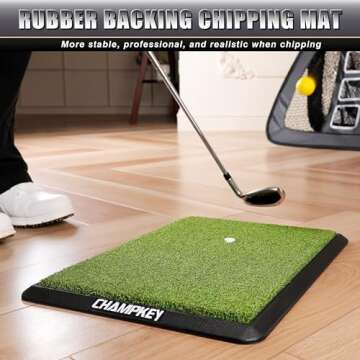 CHAMPKEY Double Sided Golf Chipping Net with Golf Hitting Mat | Come with 12 Foam Golf Balls | 5 Ply-Knotless Netting Chipping Net and Heavy Duty Rubber Backing Hitting Mat Ideal for Training