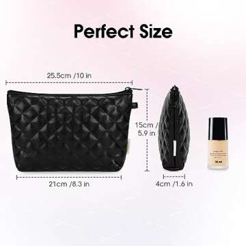 Makeup Bag for Purse Zipper Cosmetic Bag for Women Pouch Travel Eco Vegan Leather Make Up Organizer for Toiletry Bag Water Resistant Gift Idea, Black