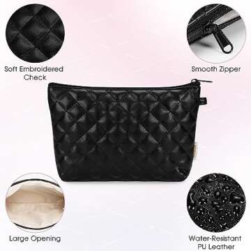 Makeup Bag for Purse Zipper Cosmetic Bag for Women Pouch Travel Eco Vegan Leather Make Up Organizer for Toiletry Bag Water Resistant Gift Idea, Black