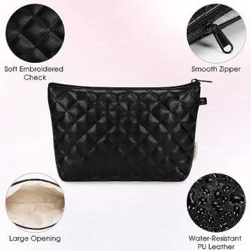 Makeup Bag for Purse Zipper Cosmetic Bag for Women Pouch Travel Eco Vegan Leather Make Up Organizer for Toiletry Bag Water Resistant Gift Idea, Black