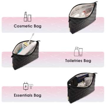 Makeup Bag for Purse Zipper Cosmetic Bag for Women Pouch Travel Eco Vegan Leather Make Up Organizer for Toiletry Bag Water Resistant Gift Idea, Black