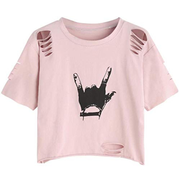 SweatyRocks Women's Graphic Print Distressed Crop Tee - Stylish Casual Top in Light Pink