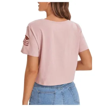 SweatyRocks Women's Graphic Distressed Crop Tee Light Pink