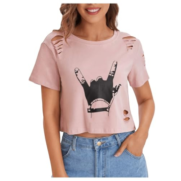 SweatyRocks Women's Graphic Distressed Crop Tee Light Pink