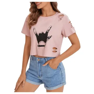 SweatyRocks Women's Graphic Distressed Crop Tee Light Pink