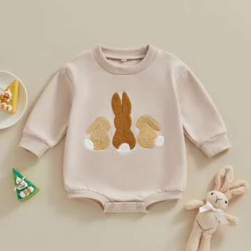 Lesimsam Newborn Baby Boy Girl Easter Bunny Romper with Embroidery