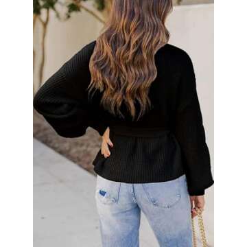 Dokotoo Black Sweaters for Women Cute Rib Knit Turtleneck Sweater Tie Waist Puff Sleeve Pullover Chu...