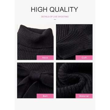 Dokotoo Black Sweaters for Women Cute Rib Knit Turtleneck Sweater Tie Waist Puff Sleeve Pullover Chunky Warm Fall Outfits Ladies Oversized Lightweight Basics Womens Clothing Small