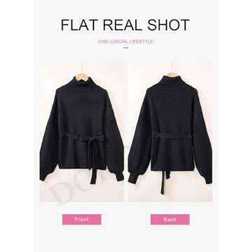 Dokotoo Black Sweaters for Women Cute Rib Knit Turtleneck Sweater Tie Waist Puff Sleeve Pullover Chunky Warm Fall Outfits Ladies Oversized Lightweight Basics Womens Clothing Small