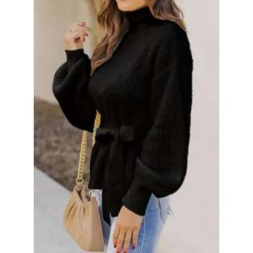 Dokotoo Women’s Black Turtleneck Sweater with Waist-Tie