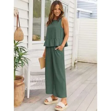 AUTOMET Womens Summer 2 Piece Outfits Linen Crop Tank Tops Lounge Matching Sets & Long Track Pants Tracksuits 2025 Blue Grey L