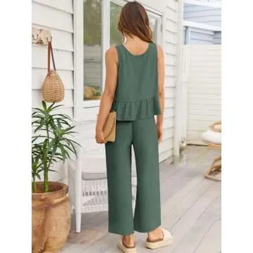 AUTOMET Womens Summer 2 Piece Outfits Linen Crop Tank Tops Lounge Matching Sets & Long Track Pants Tracksuits 2025 Blue Grey L