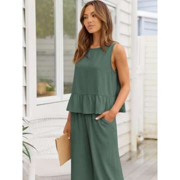 AUTOMET Womens Summer 2 Piece Outfits Linen Crop Tank Tops Lounge Matching Sets & Long Track Pants Tracksuits 2025 Blue Grey L