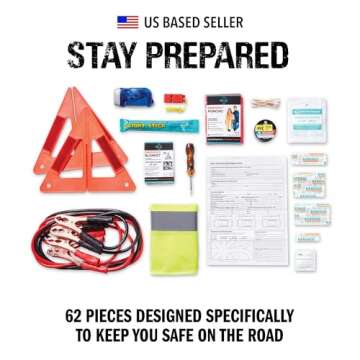 Always Prepared Standard Roadside Emergency Kit for Car - Car Safety Kit, Tools, First Aid, Visibility Gear & More - Perfect Roadside Assistance Kit Gift for New Drivers (62 pc)