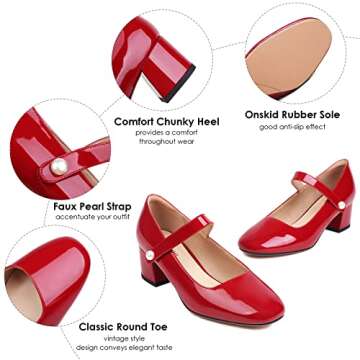 Naiyee Mary Jane Shoes Women Red Chunky Heel Ankle Strap Mary Janes Closed Rounded Toe Heeled Pumps Size 12