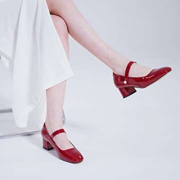 Naiyee Mary Jane Shoes Women Red Chunky Heel Ankle Strap Mary Janes Closed Rounded Toe Heeled Pumps Size 12