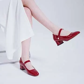 Naiyee Mary Jane Shoes Women Red Chunky Heel Ankle Strap Mary Janes Closed Rounded Toe Heeled Pumps Size 12