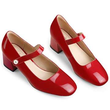 Naiyee Mary Jane Shoes Women Red Chunky Heel Ankle Strap Mary Janes Closed Rounded Toe Heeled Pumps Size 12