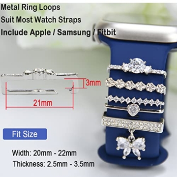 SUNOREEK Silver Apple Watch Band Charms, iwatch bands charms, Heart Decorative Rings Loops Compatible with Apple Watch Silicone Band Charms for Women 49mm 45mm 44mm 42mm 41mm 40mm 38mm ultra , Metal