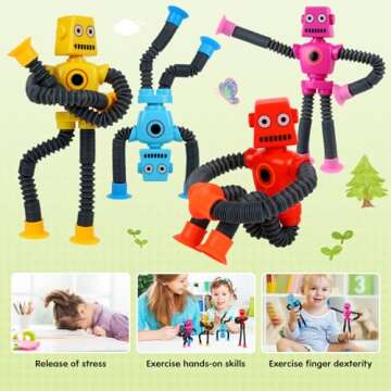 Ochine 4 Pack Telescopic Suction Cup Robot Toy, Shape Changing Fidget Toys for Toddlers, Pop Tubes Sensory Toys ADHD Autistic Airplane Travel Toys