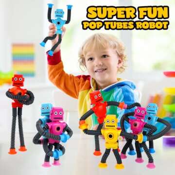 Ochine 4 Pack Telescopic Suction Cup Robot Toy, Shape Changing Fidget Toys for Toddlers, Pop Tubes Sensory Toys ADHD Autistic Airplane Travel Toys