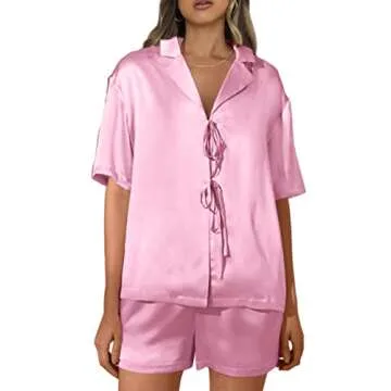 CHYRII Women's Silk Satin Pajamas Sets Tie Front Short Sleeve Tops and Shorts Two Piece Pj Sets Sleepwear Babay Pink M