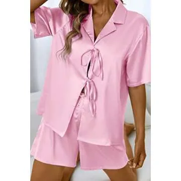 CHYRII Women's Silk Satin Pajamas Sets Tie Front Short Sleeve Tops and Shorts Two Piece Pj Sets Sleepwear Babay Pink M