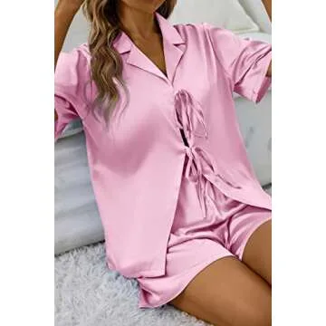 CHYRII Women's Silk Satin Pajamas Sets Tie Front Short Sleeve Tops and Shorts Two Piece Pj Sets Sleepwear Babay Pink M