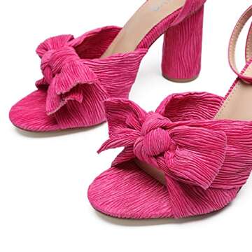 Chunky Heeled Sandals For Women - Block Heels Pleated Bowknot Open Toe Ankle Strap Block Heel Sandals - Summer Cute Comfy Wedding Bridal Dress Pumps,Hot Pink Size 9.5