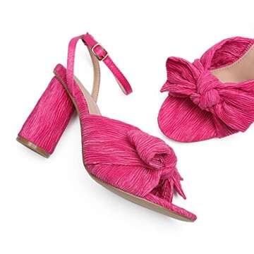 Chunky Heeled Sandals For Women - Block Heels Pleated Bowknot Open Toe Ankle Strap Block Heel Sandals - Summer Cute Comfy Wedding Bridal Dress Pumps,Hot Pink Size 9.5