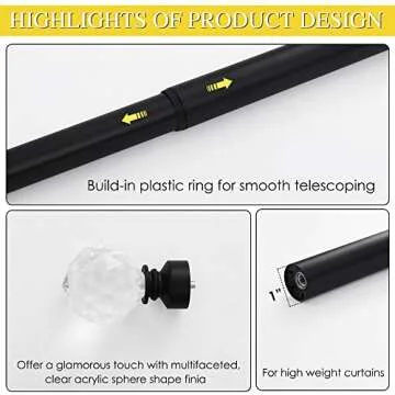 NICETOWN Drapery Curtain Rod Set with Classic Decorative Faceted Ball Finials for Windows 66 to 144, 1 inch Diameter Curtain Rod Set Adjustable Length 72 to 144"(6-12 Feet) Length, Matte Black