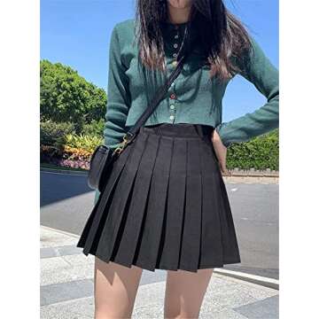 SANGTREE Women's High Waisted Pleated Skater Tennis School A-Line Skirt Uniform Skirts with Lining Shorts, Black, US S