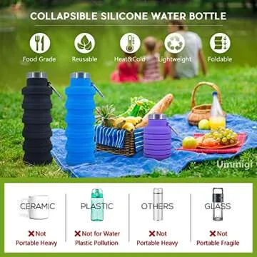 Ummigi Collapsible Water Bottles，2 pack BPA Free Travel Silicone Water Bottle with Carabiner，17oz Reusable Foldable Lightweight Portable Sports Water Bottle for Travel Gym Camping Hiking