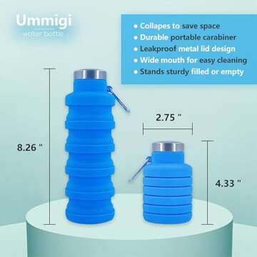 Ummigi Collapsible Water Bottles，2 pack BPA Free Travel Silicone Water Bottle with Carabiner，17oz Reusable Foldable Lightweight Portable Sports Water Bottle for Travel Gym Camping Hiking