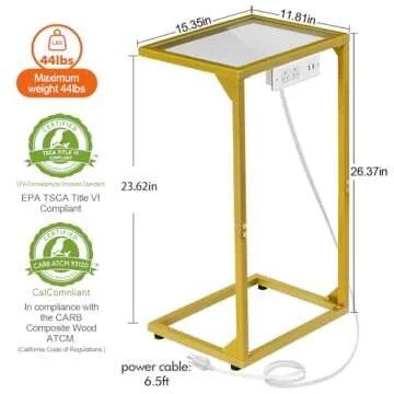 C Shaped Side Table with USB Port and Outlets