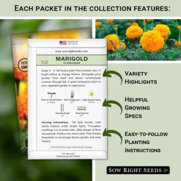 Sow Right Seeds - Annual Flower Seed Garden Collection for Planting - 5 Packets Includes Marigold, Z...