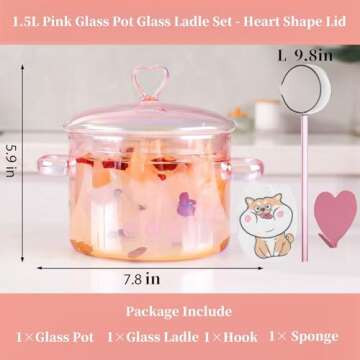 Pink Glass Pot, 1.5L(51oz) Simmer Pot, Glass Pots for Cooking on Stove, Glass Cooking Pot, Glass Simmer Pot for Stove Top,Heat Resistant Borosilicate Glass,Homemade Potpourri, Soups,Pasta