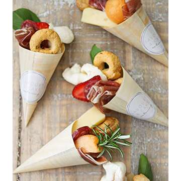 Gere Disposable Wood Charcuterie Cones Plates, Large 7.1 inches Tall x 2.75 inches Dia - 100 Pieces, for Appetizers, Charcuterie, Parties, Catering Events, Wooden Disposable Bowls