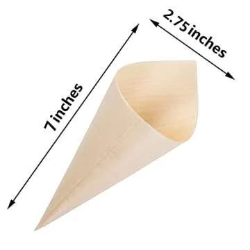 Gere Disposable Wood Charcuterie Cones Plates, Large 7.1 inches Tall x 2.75 inches Dia - 100 Pieces, for Appetizers, Charcuterie, Parties, Catering Events, Wooden Disposable Bowls