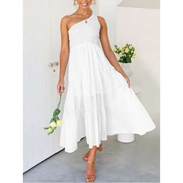 ANRABESS Women's 2024 Summer Bohemian One Shoulder Sleeveless Smocked Ruffle Tiered Beach Maxi Sun Dress Wihte Medium