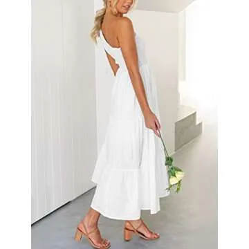 ANRABESS Women's 2024 Summer Bohemian One Shoulder Sleeveless Smocked Ruffle Tiered Beach Maxi Sun Dress Wihte Medium