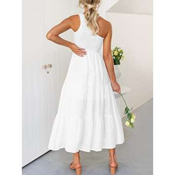 ANRABESS Women's 2024 Summer Bohemian One Shoulder Sleeveless Smocked Ruffle Tiered Beach Maxi Sun Dress Wihte Medium
