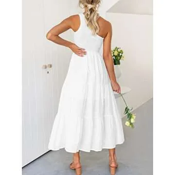 ANRABESS Women's 2024 Summer Bohemian One Shoulder Sleeveless Smocked Ruffle Tiered Beach Maxi Sun Dress Wihte Medium