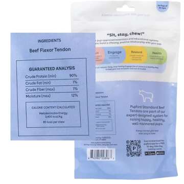 Pupford Standard Beef Tendon Chews for Dogs & Puppies, All-Natural Dog Chew with Glucosamine for HIPS and Joints, Long-Lasting Toy, Great for Teething (4 Count)