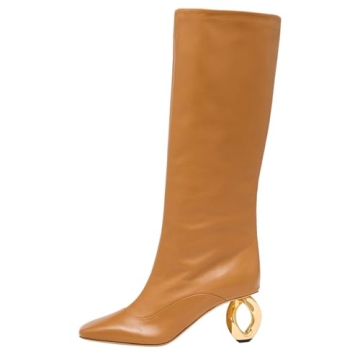 FSJ Women Stylish Chain Heel Knee High Boots for Daily Wear in Brown